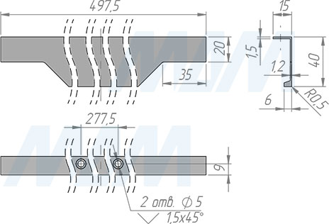 Размеры профиль-ручки с креплением на саморезы для фасада шириной 500 мм (артикул 25.500)