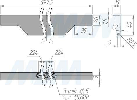 Размеры профиль-ручки с креплением на саморезы для фасада шириной 600 мм (артикул 25.600)