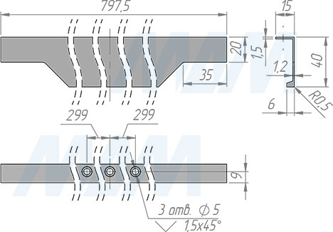 Размеры профиль-ручки с креплением на саморезы для фасада шириной 800 мм (артикул 25.800)