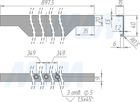 Размеры профиль-ручки с креплением на саморезы для фасада шириной 900 мм (артикул 25.900)
