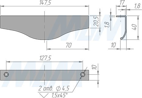 Размеры профиль-ручки с креплением на саморезы для фасада шириной 150 мм (артикул 26.150)