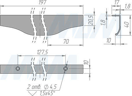 Размеры профиль-ручки с креплением на саморезы для фасада шириной 200 мм (артикул 26.200)