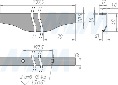 Размеры профиль-ручки с креплением на саморезы для фасада шириной 300 мм (артикул 26.300)