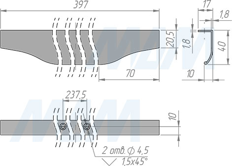 Размеры профиль-ручки с креплением на саморезы для фасада шириной 400 мм (артикул 26.400)