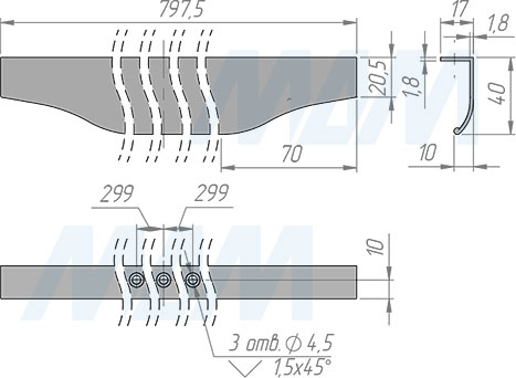 Размеры профиль-ручки с креплением на саморезы для фасада шириной 800 мм (артикул 26.800)