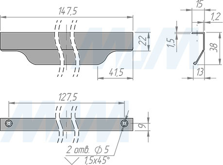 Размеры профиль-ручки с креплением на саморезы для фасада шириной 150 мм (артикул 27.150)