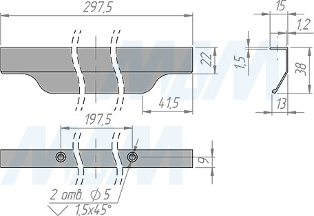 Размеры профиль-ручки с креплением на саморезы для фасада шириной 300 мм (артикул 27.300)
