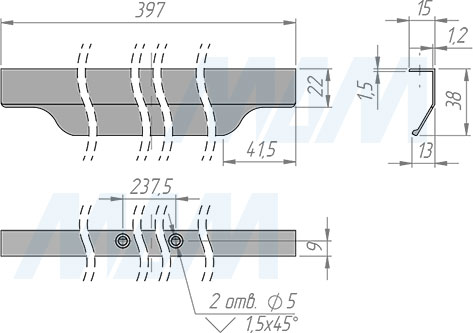 Размеры профиль-ручки с креплением на саморезы для фасада шириной 400 мм (артикул 27.400)