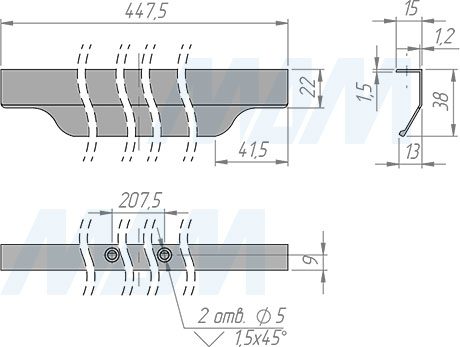 Размеры профиль-ручки с креплением на саморезы для фасада шириной 450 мм (артикул 27.450)