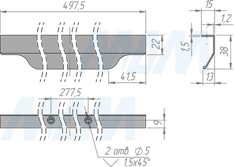 Размеры профиль-ручки с креплением на саморезы для фасада шириной 500 мм (артикул 27.500)