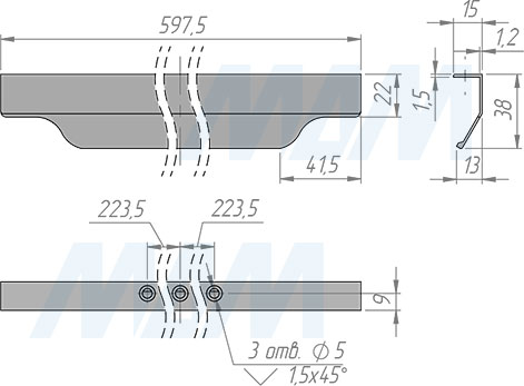 Размеры профиль-ручки с креплением на саморезы для фасада шириной 600 мм (артикул 27.600)