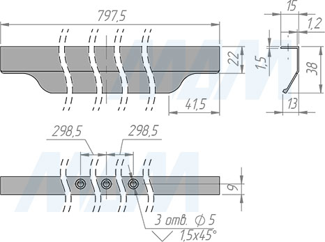 Размеры профиль-ручки с креплением на саморезы для фасада шириной 800 мм (артикул 27.800)