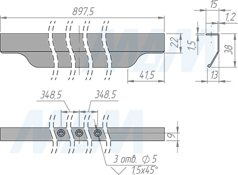 Размеры профиль-ручки с креплением на саморезы для фасада шириной 900 мм (артикул 27.900)