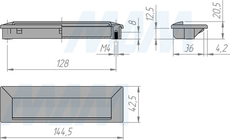 Размеры ручки-раковины с межцентровым расстоянием 128 мм (артикул 307.128)