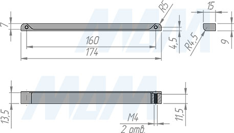 Размеры ручки-скобы с межцентровым расстоянием 160 мм (артикул 351A)
