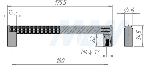 Размеры ручки-рейлинга с межцентровым расстоянием 160 мм (артикул 415.160)