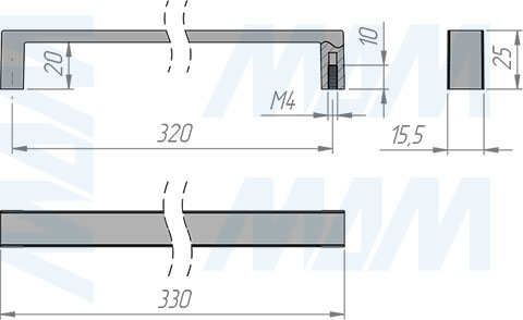 Размеры ручки-скобы с межцентровым расстоянием 320 мм (артикул 422A)