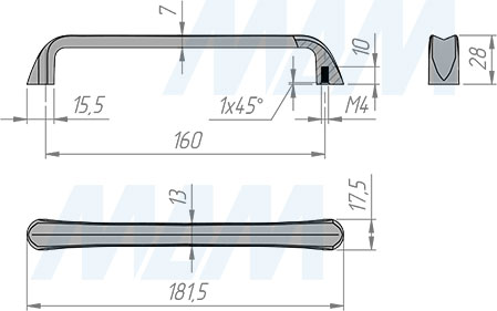 Размеры ручки-скобы с межцентровым расстоянием 160 мм (артикул BH.16.160)
