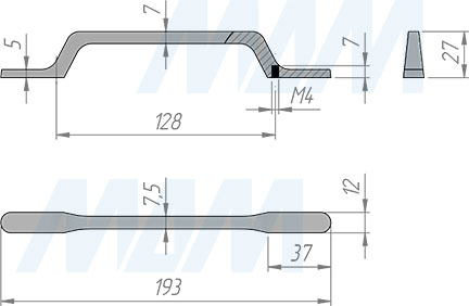 Размеры ручки-скобы с межцентровым расстоянием 128 мм (артикул BH.17.128)