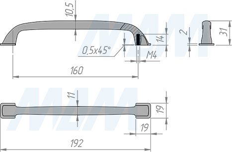 Размеры ручки-скобы с межцентровым расстоянием 160 мм (артикул BH.18.160)