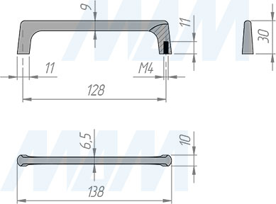Размеры ручки-скобы с межцентровым расстоянием 128 мм (артикул BH.20.128)