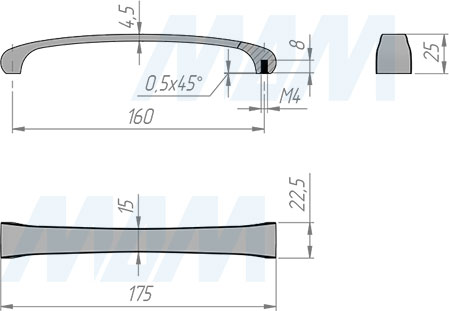 Размеры ручки-скобы с межцентровым расстоянием 160 мм (артикул BH.22.160)