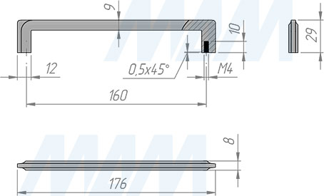 Размеры ручки-скобы с межцентровым расстоянием 160 мм (артикул BH.23.160)