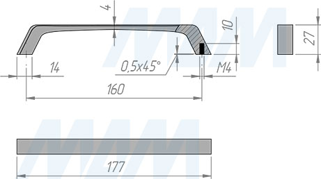 Размеры ручки-скобы с межцентровым расстоянием 160 мм (артикул BH.26.160)