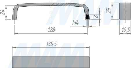 Размеры ручки-скобы с межцентровым расстоянием 128 мм (артикул BH.27.128)