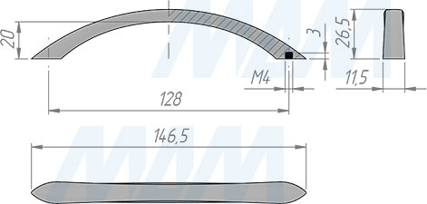 Размеры ручки-скобы с межцентровым расстоянием 128 мм (артикул BH.33.128)