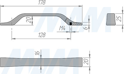 Размеры ручки-скобы с межцентровым расстоянием 128 мм (артикул BH.36.128)
