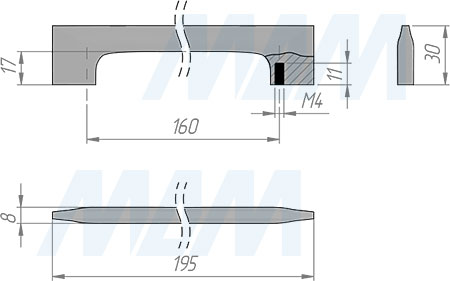 Размеры ручки-скобы с межцентровым расстоянием 160 мм (артикул BH.40.160)