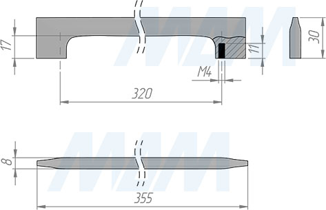Размеры ручки-скобы с межцентровым расстоянием 320 мм (артикул BH.40.320)
