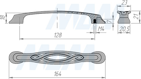 Размеры ручки-скобы с межцентровым расстоянием 128 мм (артикул BH.41.128)