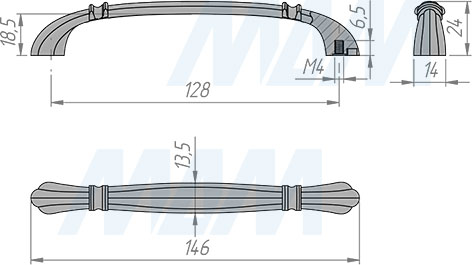 Размеры ручки-скобы с межцентровым расстоянием 128 мм (артикул BH.46.128)