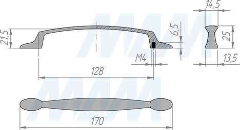 Размеры ручки-скобы с межцентровым расстоянием 128 мм (артикул BH.51.128)