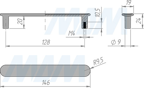 Размеры ручки-скобы с межцентровым расстоянием 128 мм (артикул BH.52.128)