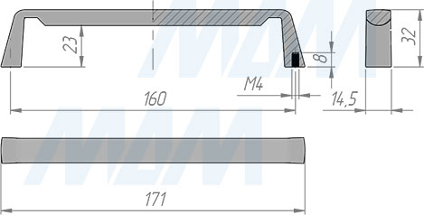 Размеры ручки-скобы с межцентровым расстоянием 160 мм (артикул BH.55.160)