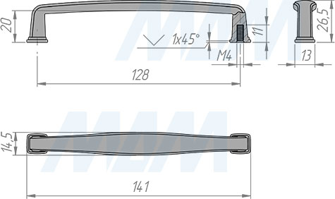 Размеры ручки-скобы с межцентровым расстоянием 128 мм (артикул BH.58.128)