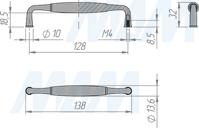 Размеры ручки-скобы с межцентровым расстоянием 128 мм (артикул BH.63.128)