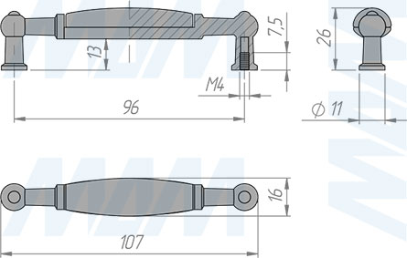 Размеры ручки-скобы с межцентровым расстоянием 96 мм (артикул BH.65.096)