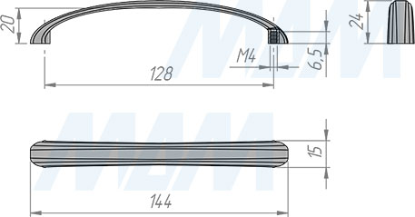Размеры ручки-скобы ZAMPA с межцентровым расстоянием 128 мм (артикул BH.67.128)