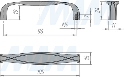 Размеры ручки-скобы SERPENTE с межцентровым расстоянием 96 мм (артикул BH.68.096)
