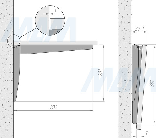 Установка складного кронштейна 200х280 мм для деревянных полок (артикул BRK280 RU), схема 1
