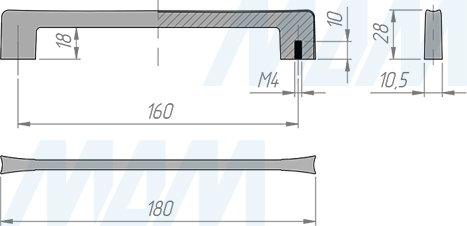 Размеры ручки-скобы BAUNS с межцентровым расстоянием 160 мм (артикул C-2935 RU)