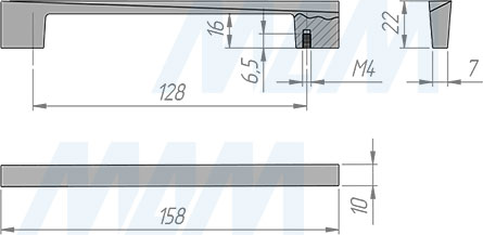Размеры ручки-скобы TRIBAL с межцентровым расстоянием 128 мм (артикул C-3374 RU)