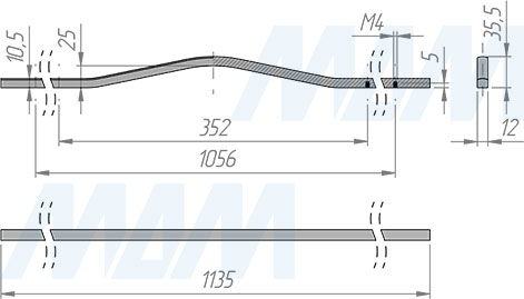 Размеры симметричной ручки-скобы APRO с межцентровым расстоянием 352/1056 мм и длиной 1135 мм (артикул C-5769-1135/352 RU)
