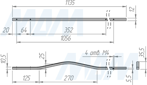 Размеры асимметричной ручки-скобы APRO с межцентровым расстоянием 352/1056 мм и длиной 1135 мм (артикул C-5769-1135/352 RU)
