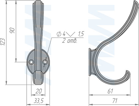 Размеры двухрожкового крючка ZAMPA (артикул HK.29)