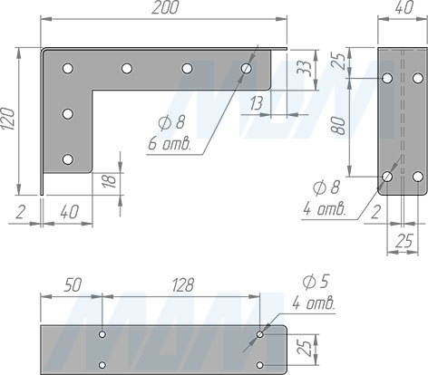 Размеры менсолодержателя для деревянных полок L=200 мм (артикул LFT.001.200)
